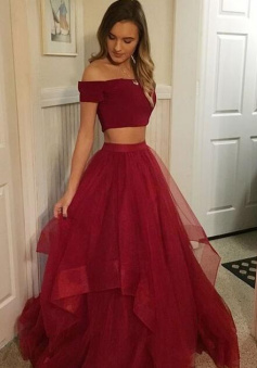 Two Piece Off-the-Shoulder Burgundy Prom Dress