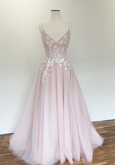 A Line V Neck Light Pink Chiffon Prom Dresses