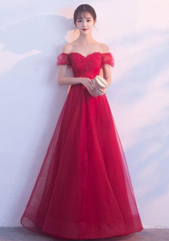 A Line Off Shoulder Burgundy Tulle Prom Dresses