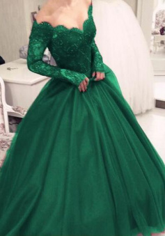 Mermaid Long Sleeves Emerald Green Lace Prom Dresses