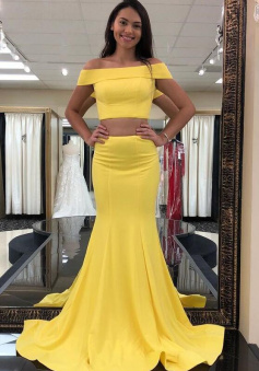 Simple Two Piece Off the Shoulder Yellow Prom Dress