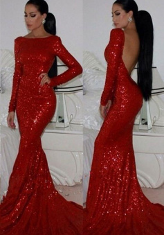 Sexy Long Sleeve Backless Sequin Prom Dress