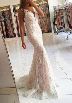 Mermaid v neck lace long prom evening dress