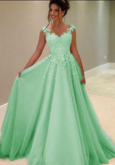 A-line green tulle round neck long prom dresses with lace