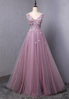 A-line Dusty Purple V Neck Tulle Long Evening Dresses