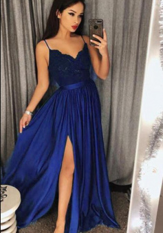 Spaghetti Straps Long Slit Chiffon Prom Dresses with Lace