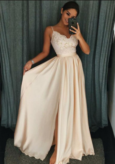 Spaghetti Straps A Line Satin Prom Dress with Appliques