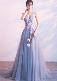 Gray lace tulle long mermaid prom dress