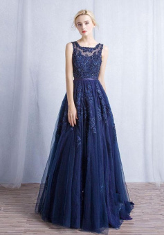 Dark blue round neck tulle long prom dress with lace applique
