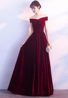Floor length burgundy v neck velvet long prom evening dress