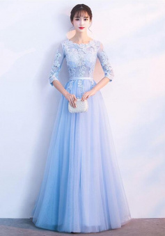 A LIne Blue tulle lace long prom dress