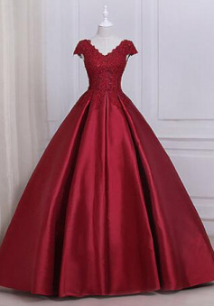 Ball Gown satin V neck burgundy long senior prom dress with appliques