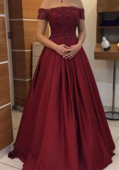 Off Shoulder Burgundy A-Line Stain Long Prom Dress