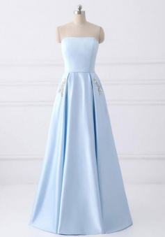 Strapless Long Crystal Light Blue Prom Dresses with Pocket