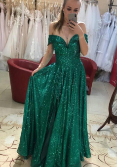 Off Shoulder Bling Bling Green Sequins Long Formal Dress