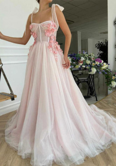 Mermaid Pink TUlle Long Formal Evening Dresses