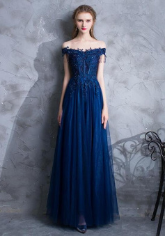 Off Shoulder Navy Blue Tulle Long Prom Dres With Lace Applique