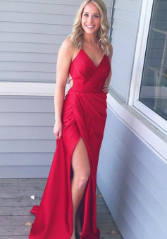 Spaghetti Straps Red Satin Prom Dress with Split