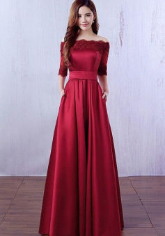 Off the Shoulder Burgundy Stain Evening Dresses With 1/2 Sleeve