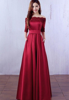 Off the Shoulder Burgundy Stain Evening Dresses With 1/2 Sleeve