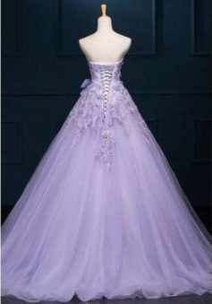 Floor-length Ball Gown Lilac Prom Dresses Appliques Tulle Evening Dress