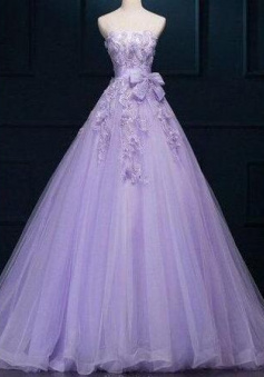 Floor-length Ball Gown Lilac Prom Dresses Appliques Tulle Evening Dress