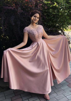A line Pink long stain prom dress with lace