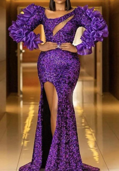 Sparkly African Women Purple sequin prom dress with slit