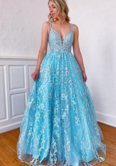 A-line V-Neck Blue Long Prom Dress With Lace Appliques