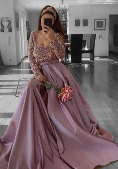 Vintage Rose Pink Sequin Prom Dress With Long Sleeves