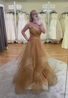Gold v neck tulle sequin long evening dress
