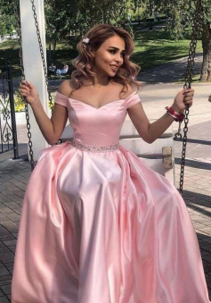 off the shoulder satin pink long prom dress with beaded