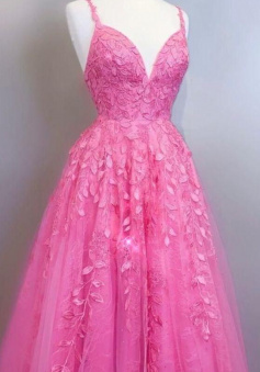 A-linex pink lace appliqued prom dress with lace up