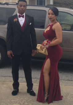 Sheath Crew Keyhole Side Split Burgundy Prom Dress with Pleats