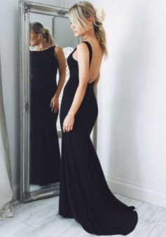 Elegant Sexy open back black prom dress with sweep train