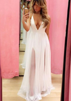 Sexy Deep V Neck White Prom Dress