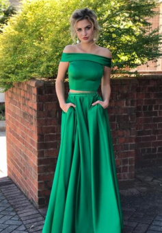 Off-the-Shoulder Sweep Train Two Piece Green Satin Prom Dress with Pockets