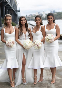 Sexy White Open Back Tea Length Bridesmaid Dress