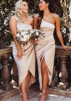 One Shoulder Champagne Silk Bridesmaid Dresses With Split