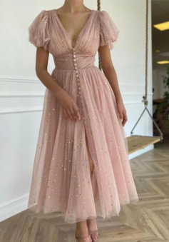 Blush Pink Tulle Ankle Length Prom Evening Dresses