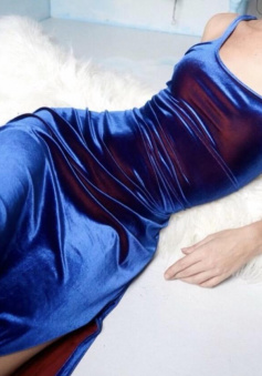 Sheath Square Neck Royal Blue Velvet Prom Dresses with Slit