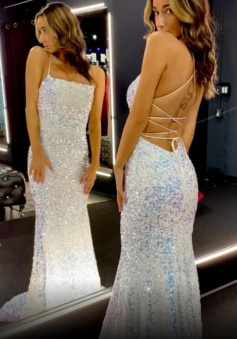 Mermaid Scoop Neck White Sequins Evening Dresses with Cross Back