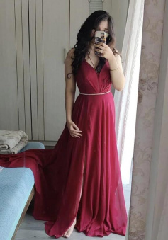 A line Burgundy chiffon long prom evening dress