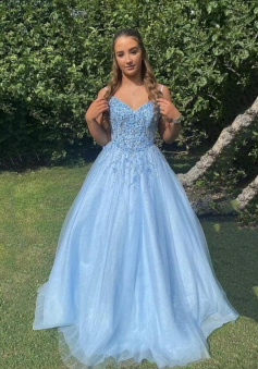 A line Blue tulle lace long prom dress