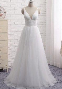 Simple A Line V Neck TUlle Wedding Dresses