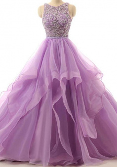 Vintage Lilac Organza Illusion Ball Gown Evening Prom Dresses