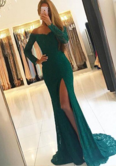 Off the Shoulder Green Lace Prom Dress with Split Front