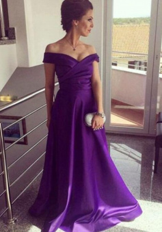 Off the Shoulder Sleeveless Purple Satin Prom Dress