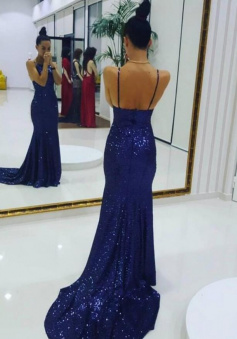 Spaghetti Straps Royal Blue Sequin Prom Dress