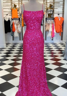 Spaghetti Straps Long Sequin Prom Evening Dresses